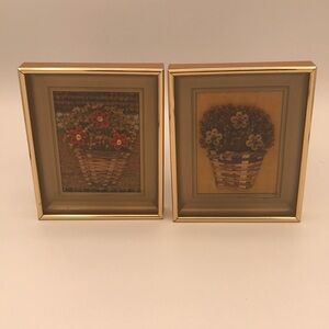 Set of 2 Vintage Framed Handmade Quilled Flowers in Woven Baskets